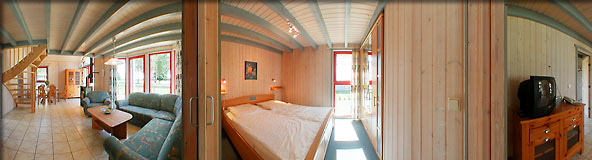 360-Grad-Panorama Ferienhaus "Seerose" Schlafzimmer Ferienpark-Scharmuetzelsee