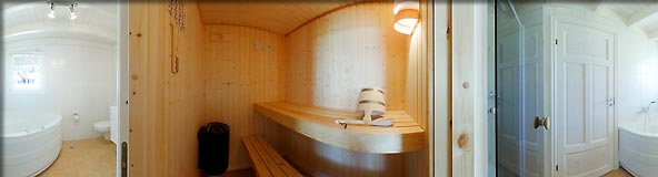 360-Grad-Panorama Ferienhaus "Kolumbus" Badezimmer mit Sauna und Whirlpool - Marinapark Scharmuetzelsee