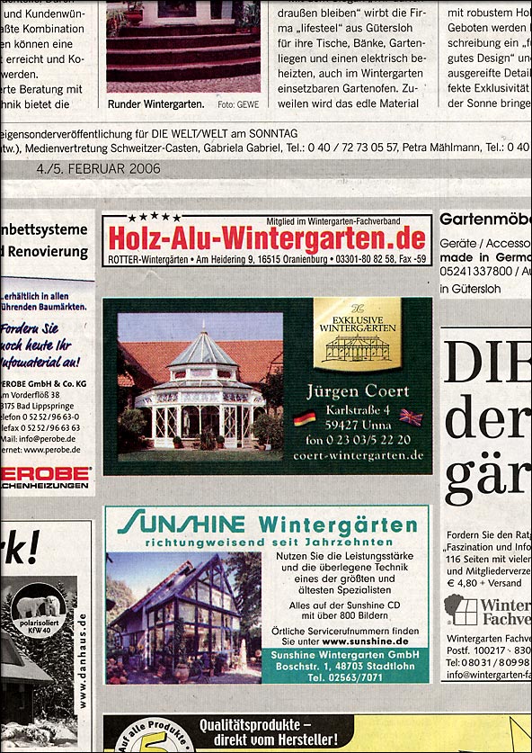 Wintergartenhersteller Jürgen Coert Exklusive Wintergärten - Unternehmensanzeige im originalen Umfeld einer großen deutschen Wochenzeitung