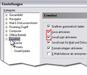 netscape navigator einstellungen erweitert